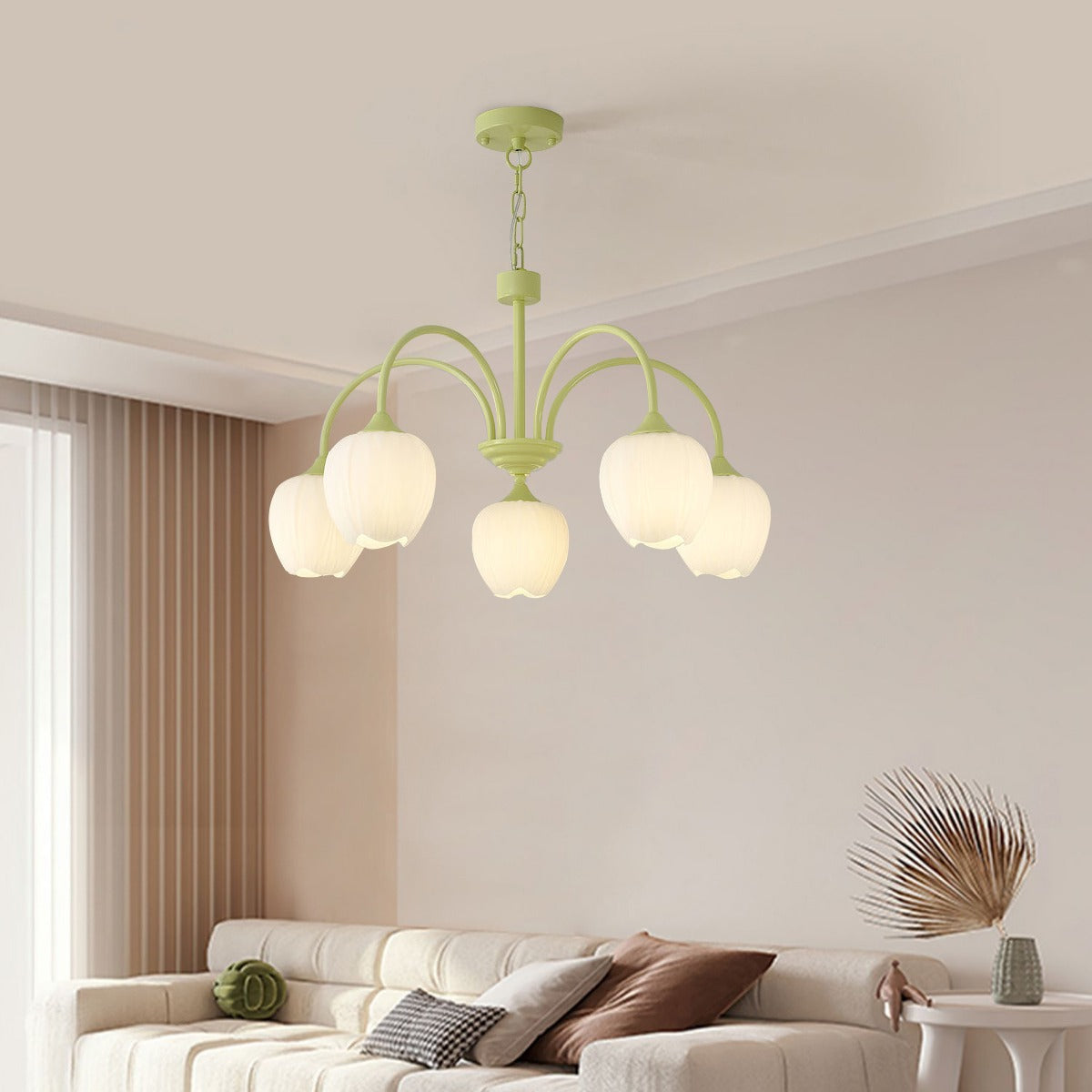 TulipGlow | Elegant Vintage Green Glass Chandelier Light Fixture 4