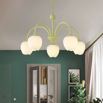 TulipGlow | Elegant Vintage Green Glass Chandelier Light Fixture 5