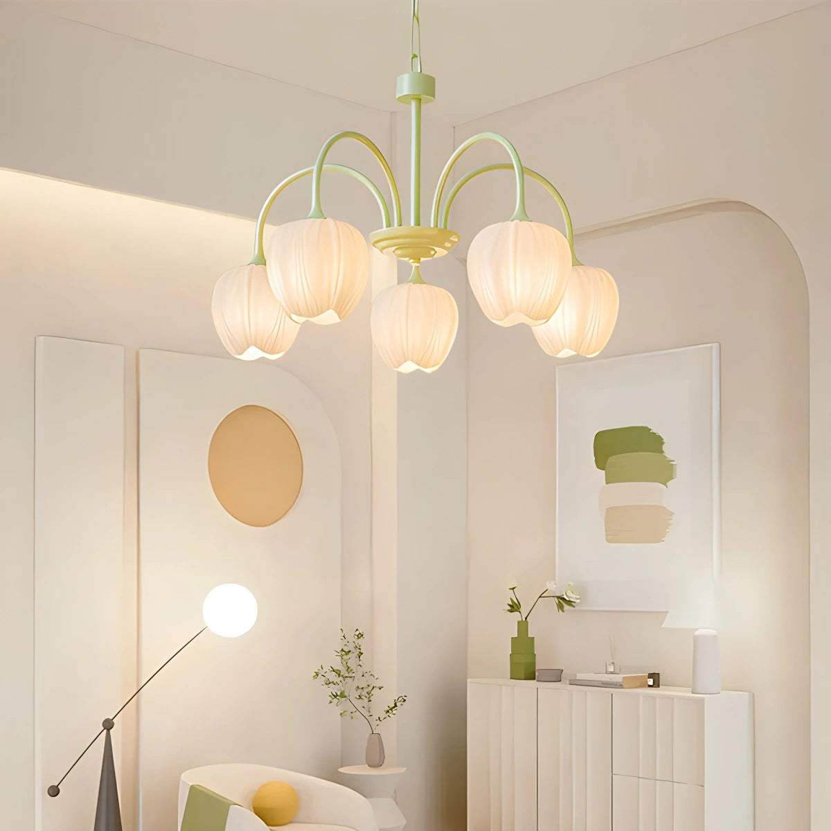 TulipGlow | Elegant Vintage Green Glass Chandelier Light Fixture 6