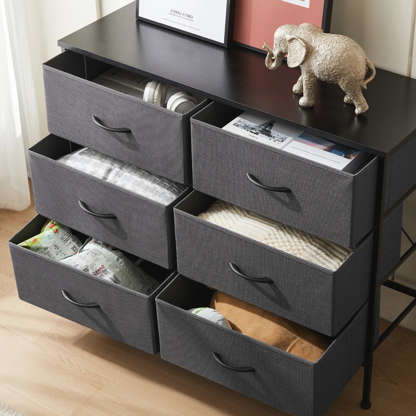 Versatile Nightstand with Wooden Top | Sturdy Fabric Storage Solution for Bedroom and Living Room 2
