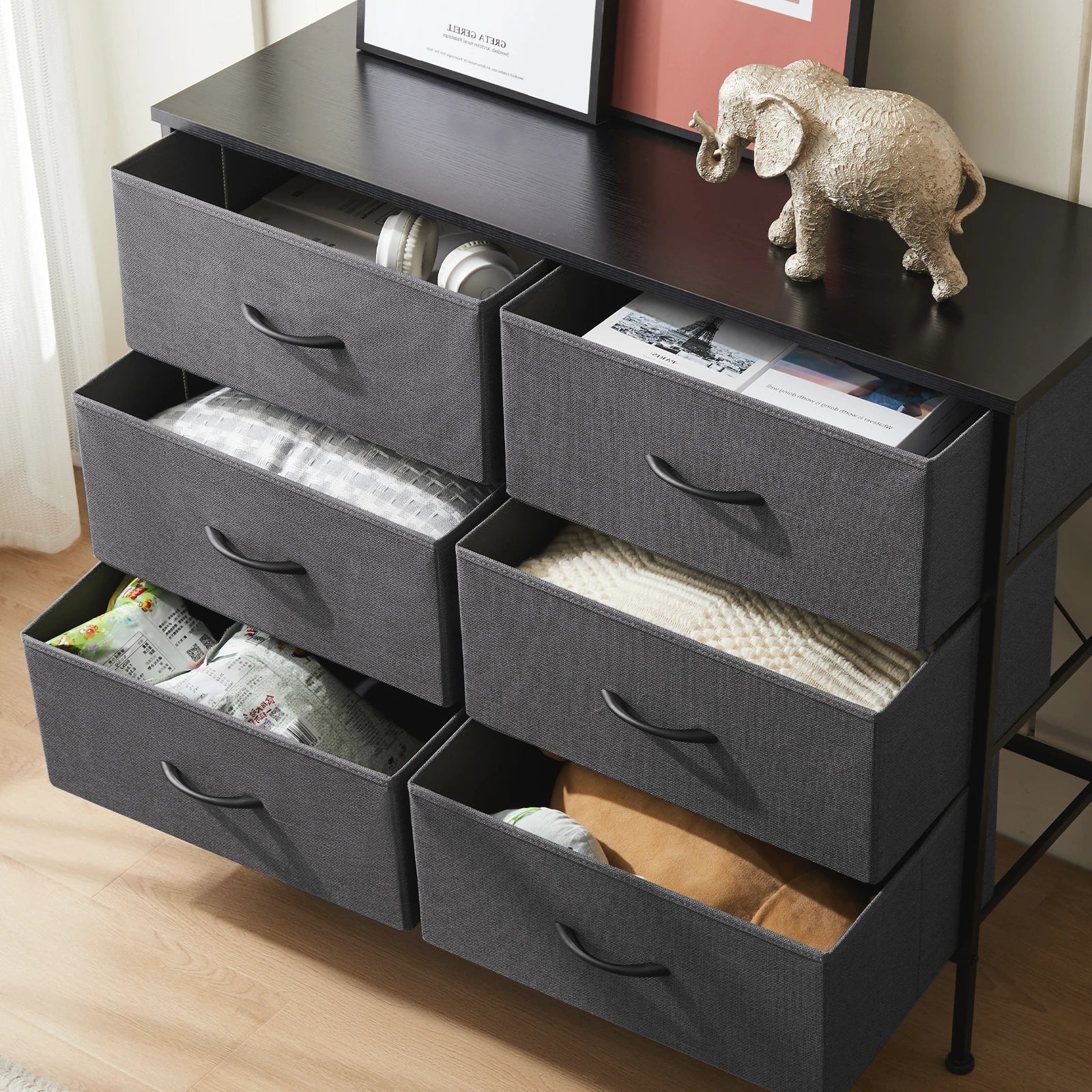Versatile Nightstand with Wooden Top | Sturdy Fabric Storage Solution for Bedroom and Living Room 2